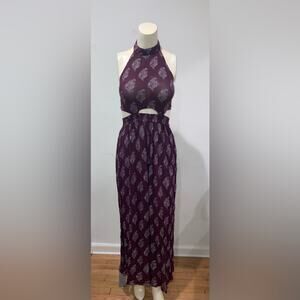 Lua Nova Jumpsuit Size Medium Burgundy Women’s Open Back Sheer Halter Top